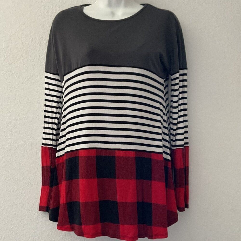 Zenana Buffalo Check Plaid Colorblock Top